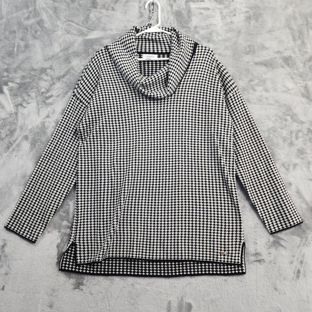 Calvin Klein Sweater Womens Large Black White Houndstooth Cowl Neck Pullover